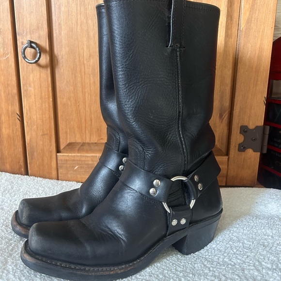 Black Cowboy Boots with Harness Strap and Sturdy Sole - Picture 1 of 9